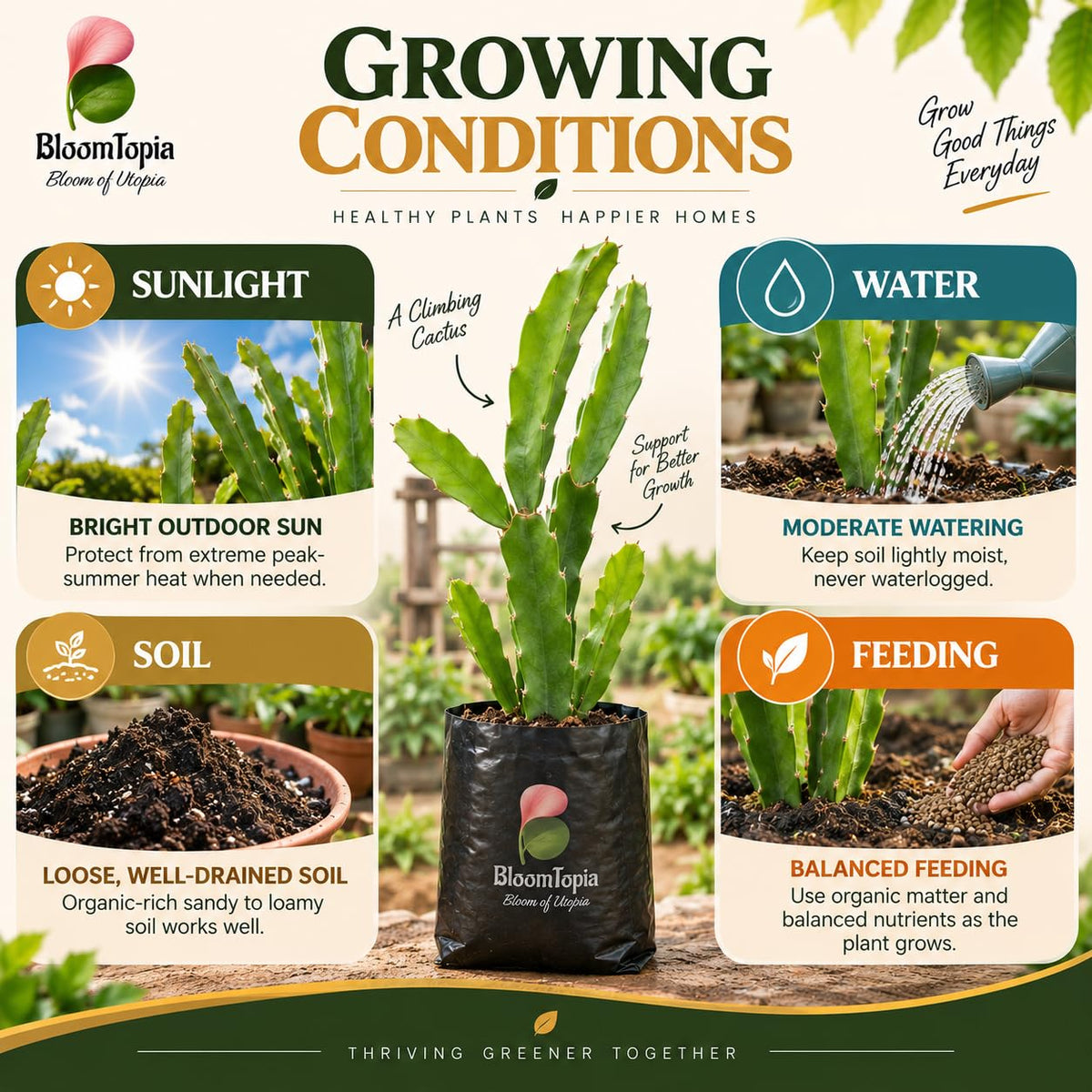 Sunlight, water, soil and feeding guide for Dragon Fruit.