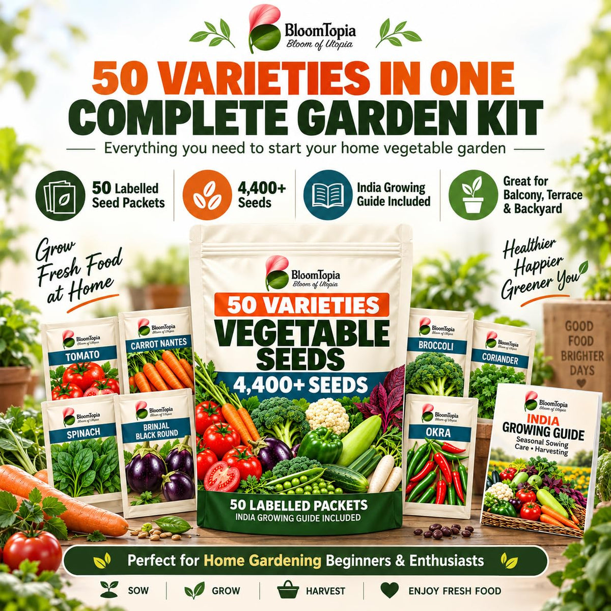 Vegetable seed kit assortment illustration.