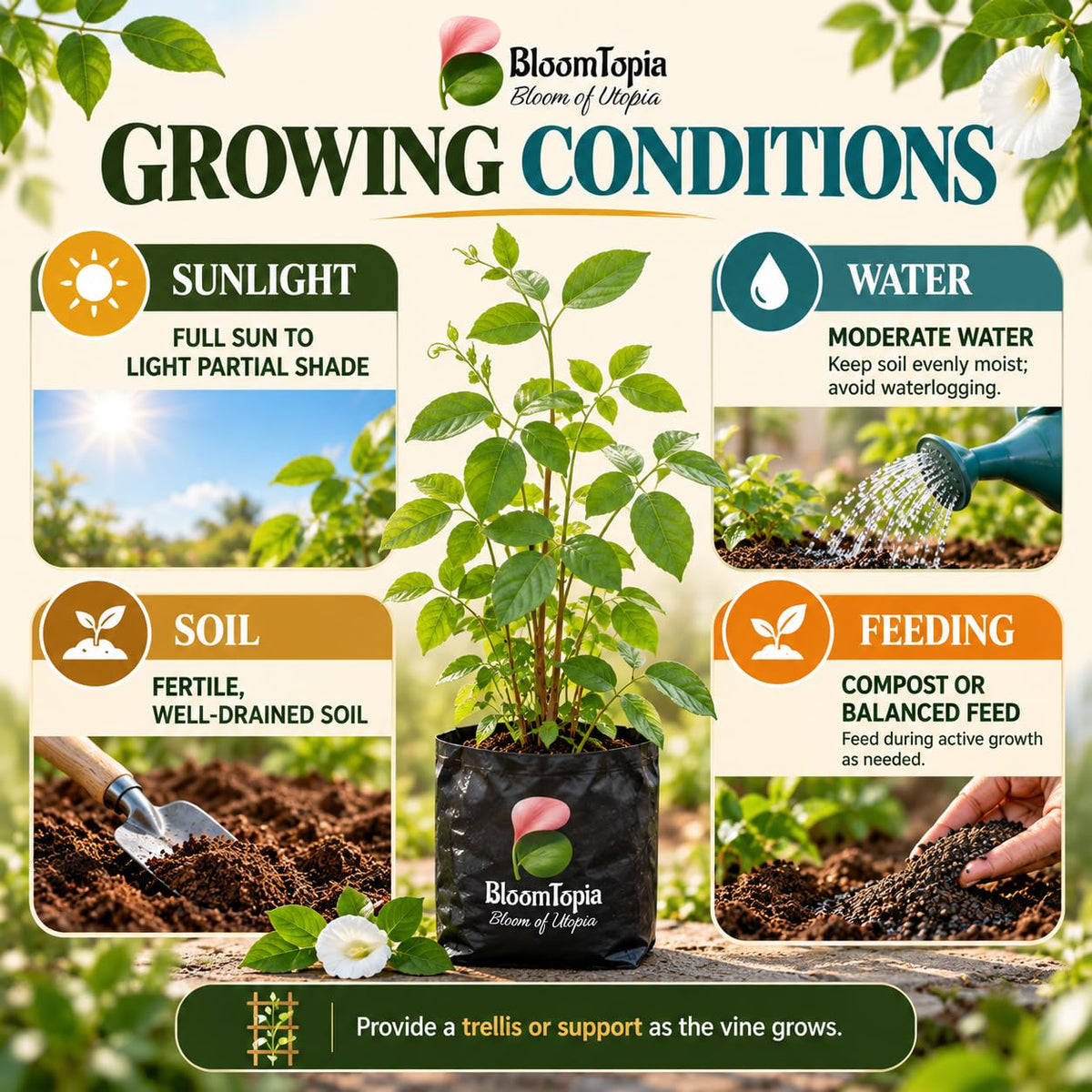Sunlight, water, soil and feeding guide for White Aparajita.