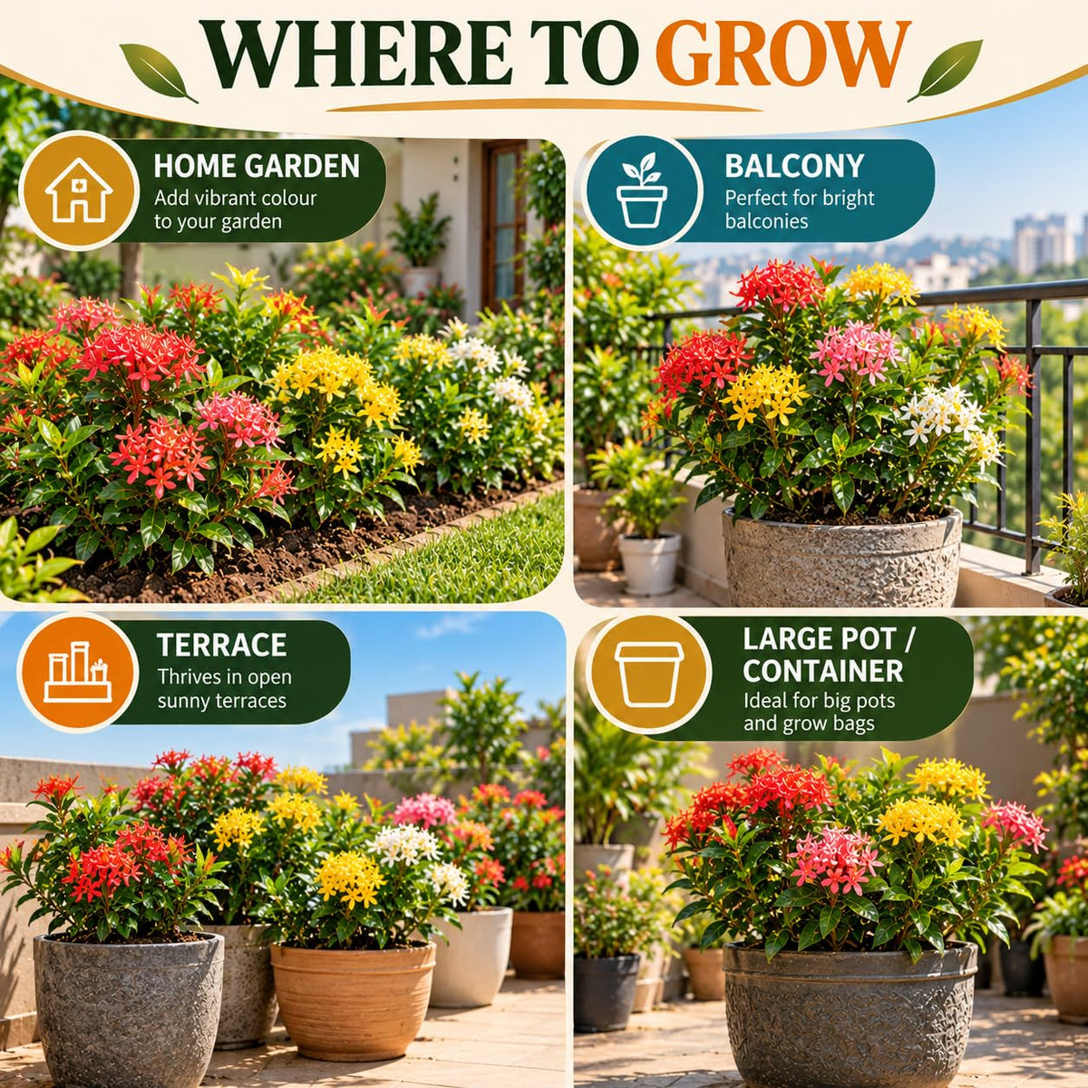 Illustrated growing locations for Ixora Rangan Flowering.