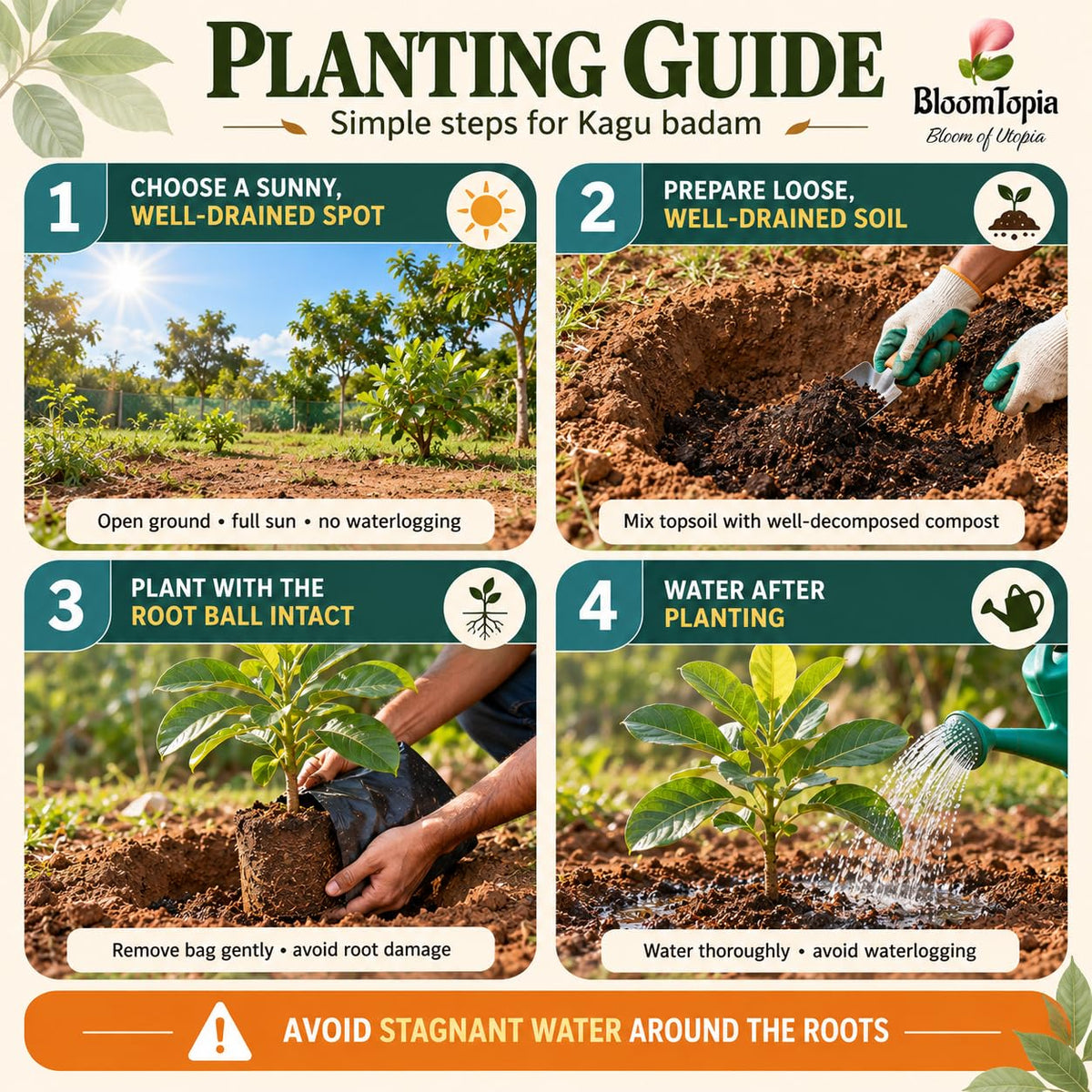Step-by-step planting illustration for Kaju Badam Cashew Nut.