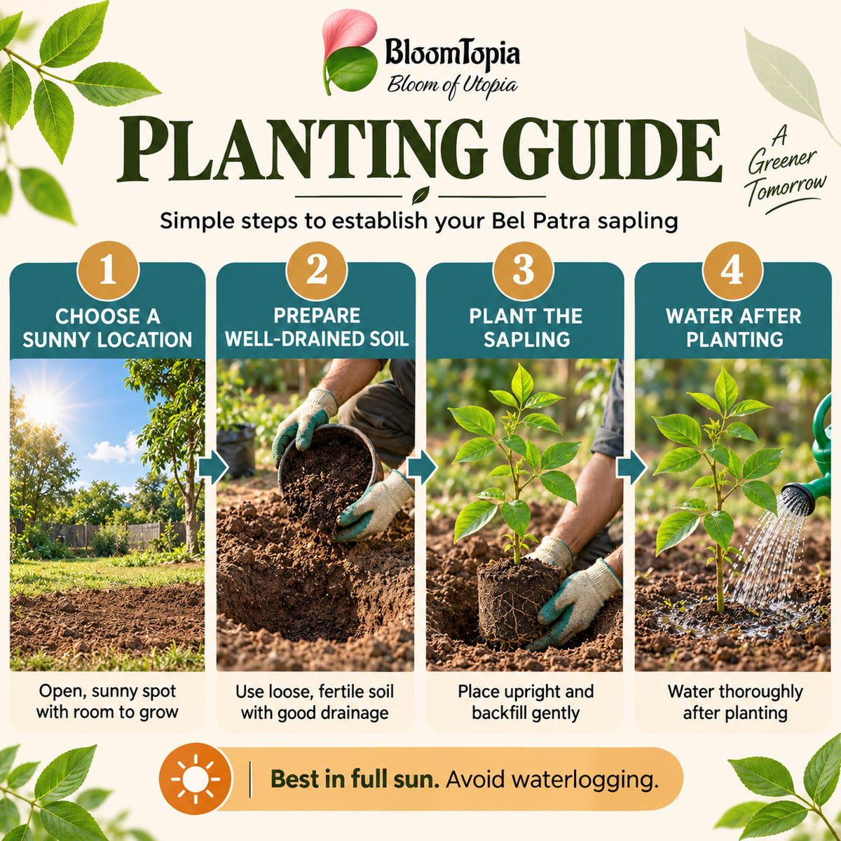Step-by-step planting illustration for Bel Patra Bael Bilva.