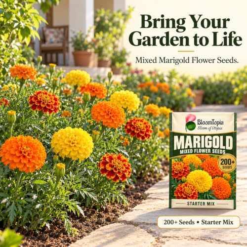 Illustration of marigolds growing in garden beds and pots.