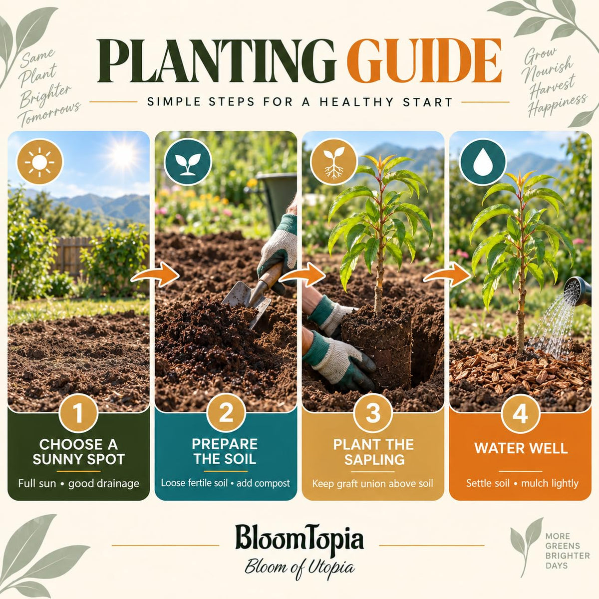 Step-by-step planting illustration for Sharbati Peach Grafted.