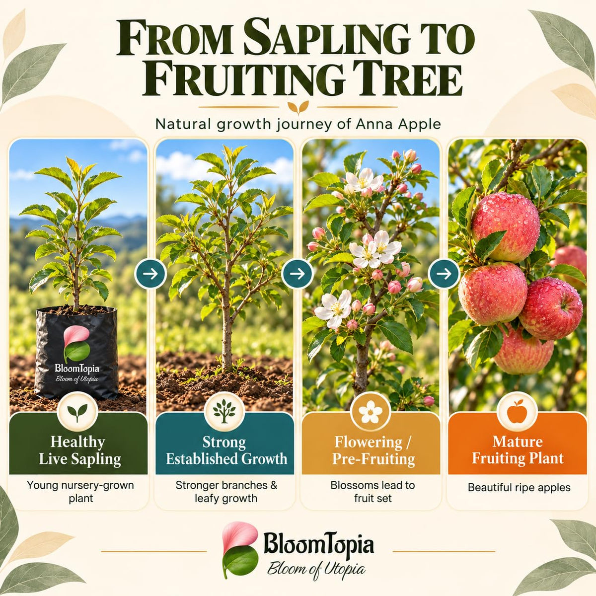 Illustrated growth stages for Anna Apple, from young plant to mature growth.