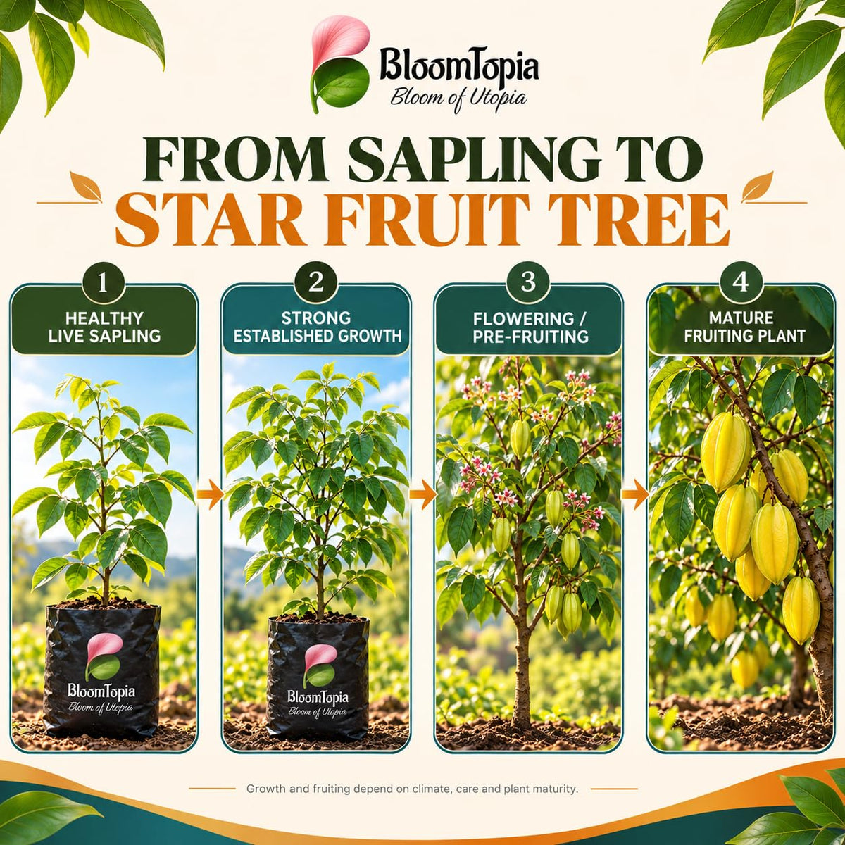 Illustrated growth stages for Star Fruit (Kamranga), from young plant to mature growth.