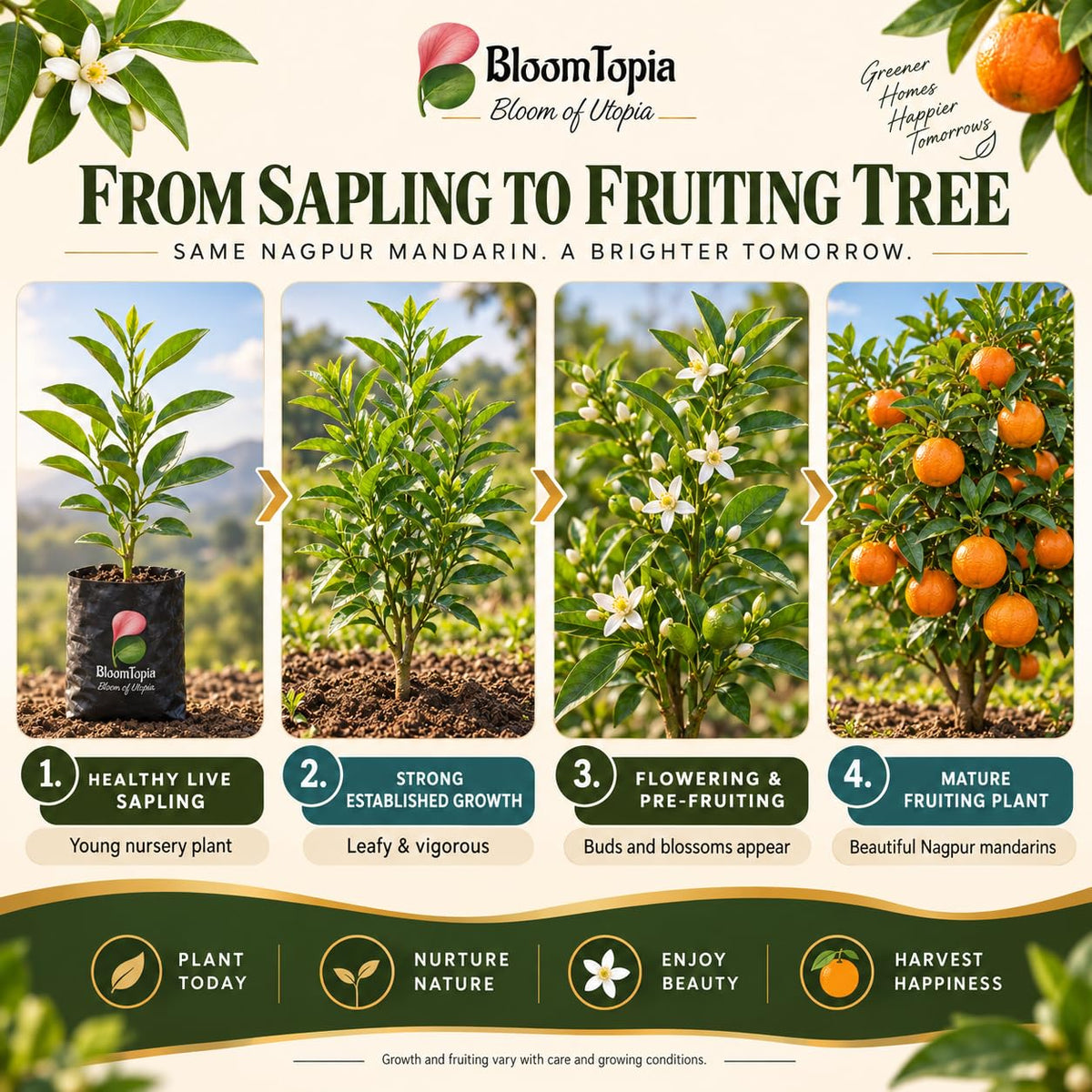 Illustrated growth stages for Nagpur Mandarin Orange, from young plant to mature growth.