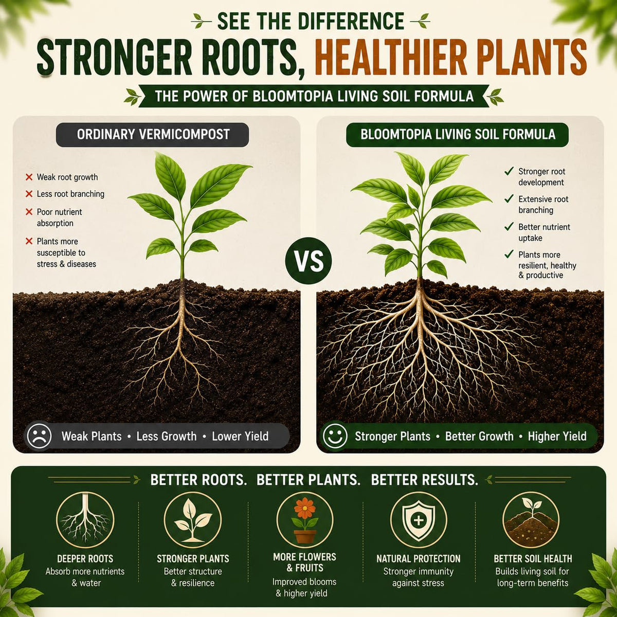 Illustrated plant root and soil comparison.