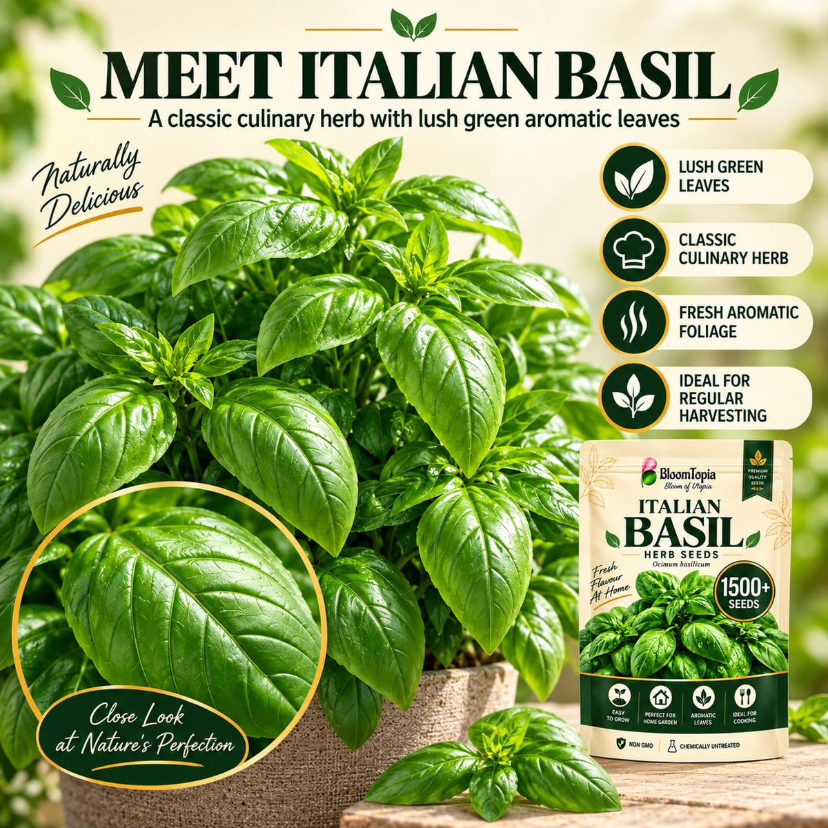 Basil leaves with illustrated variety and culinary-use callouts.