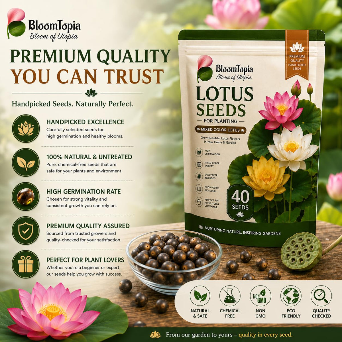 BloomTopia lotus seed-pack and brand-information panel.