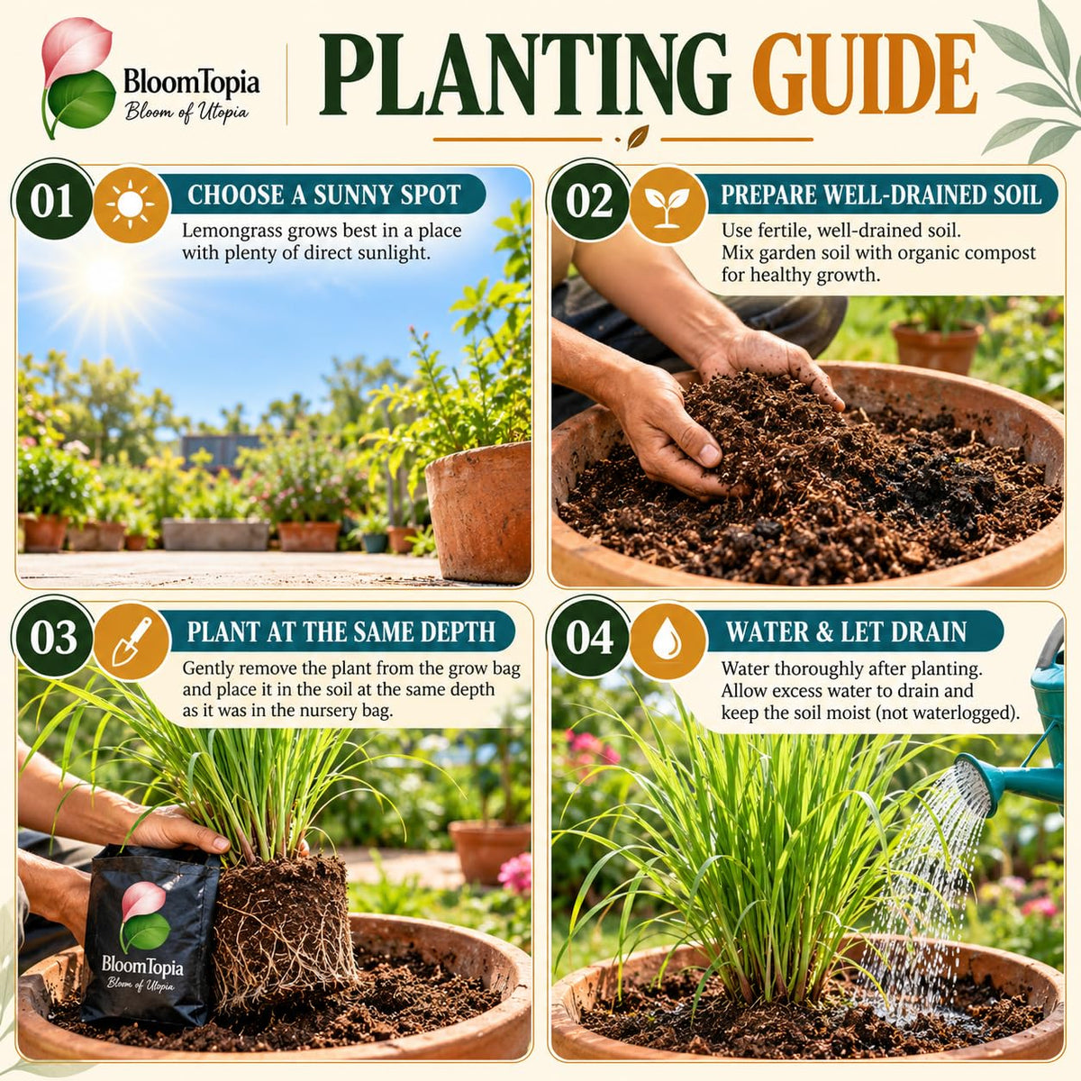 Step-by-step planting illustration for Lemongrass.