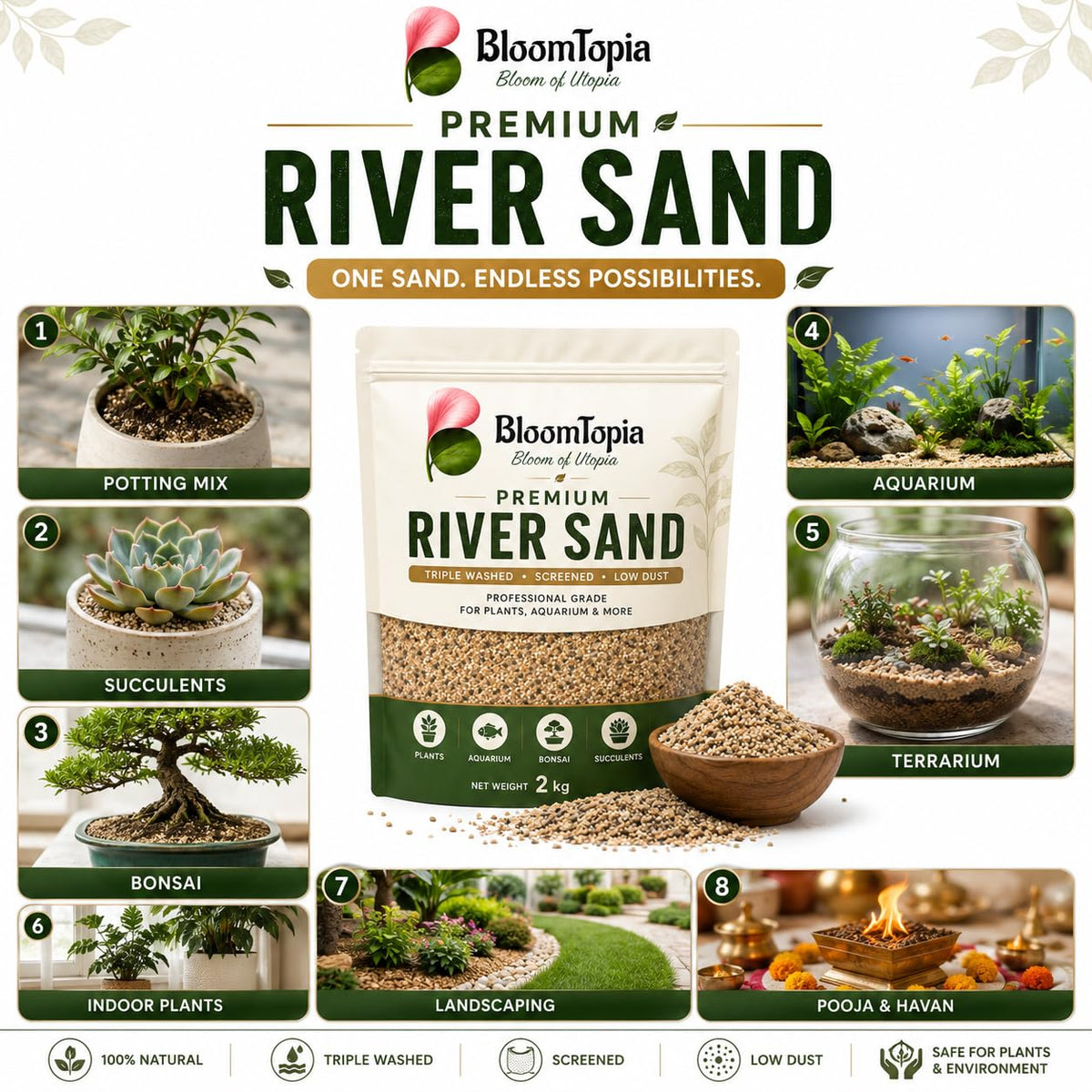 River sand pack and garden uses illustration.
