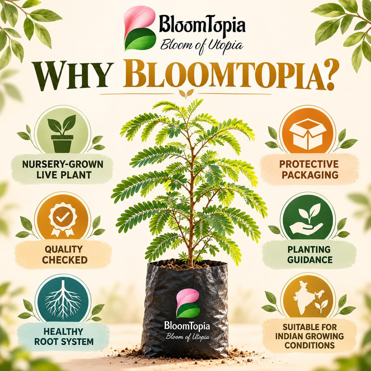BloomTopia plant-handling and brand-information panel featuring Red Sweet Tamarind.