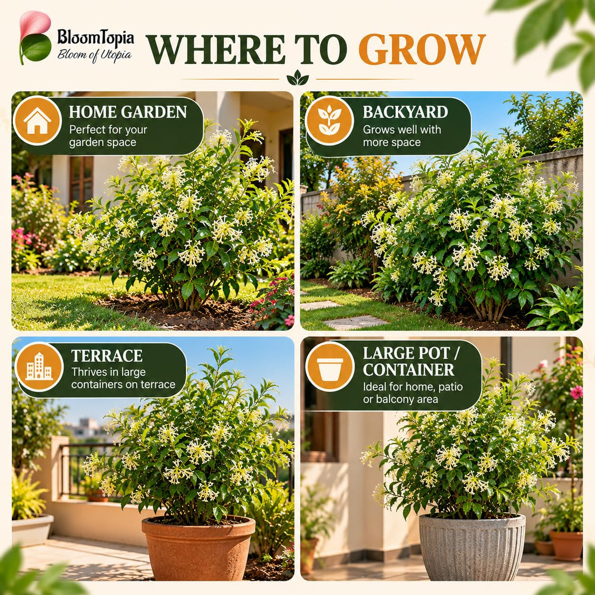 Illustrated growing locations for Raat Ki Rani Night Blooming Jasmine.