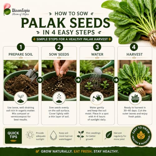 Four-step palak spinach seed sowing guide.