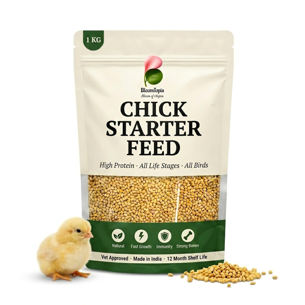 BloomTopia chick starter feed pouch beside a chick and loose feed.