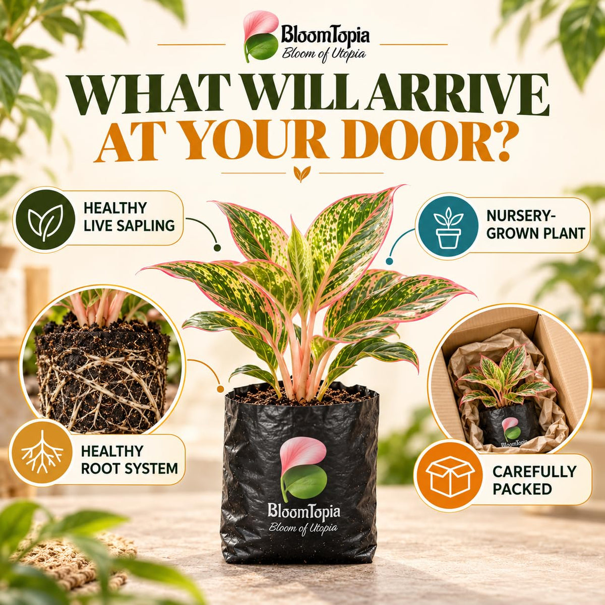 Illustration of a young Aglaonema plant, roots and protective packing.