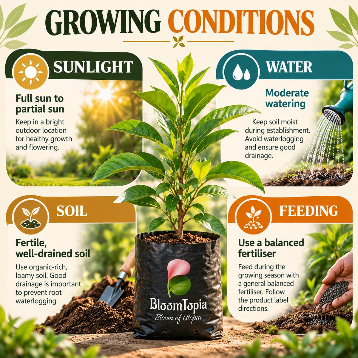 Sunlight, water, soil and feeding guide for White Swarnachampa.