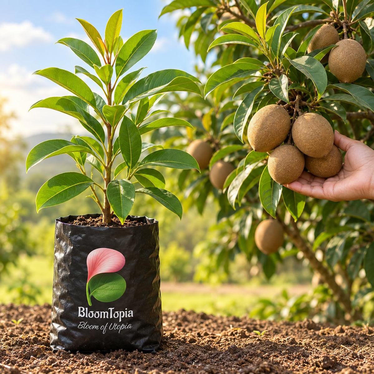 Illustration comparing young Hybrid Chiku Sapodilla nursery growth with a mature plant.