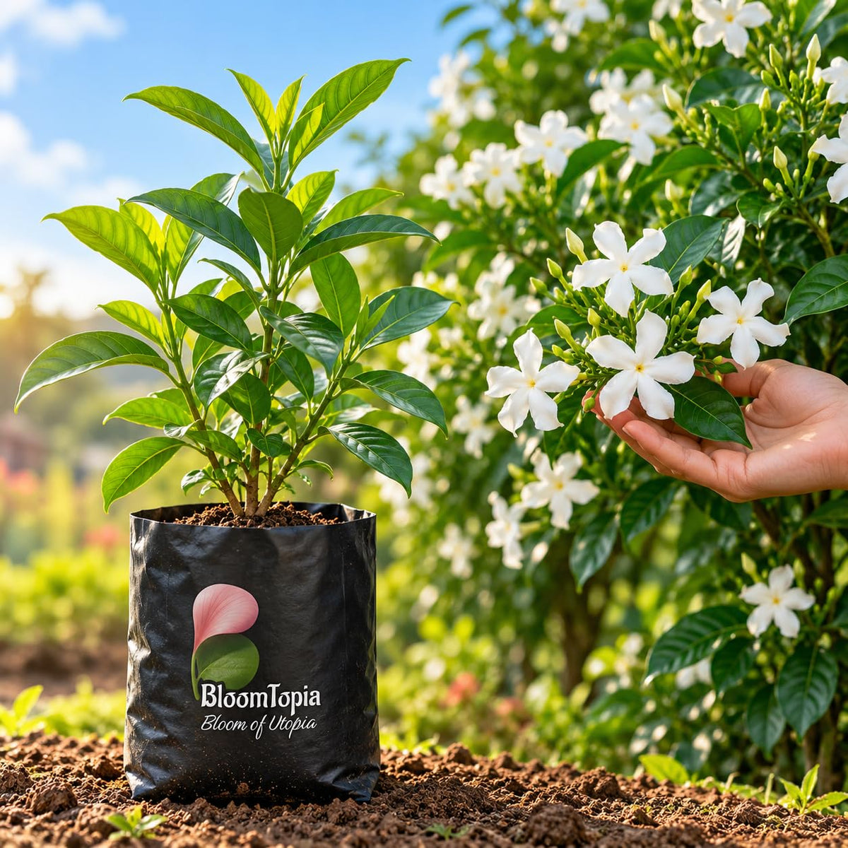 Illustration comparing young Tagar Crape Jasmine nursery growth with a mature plant.