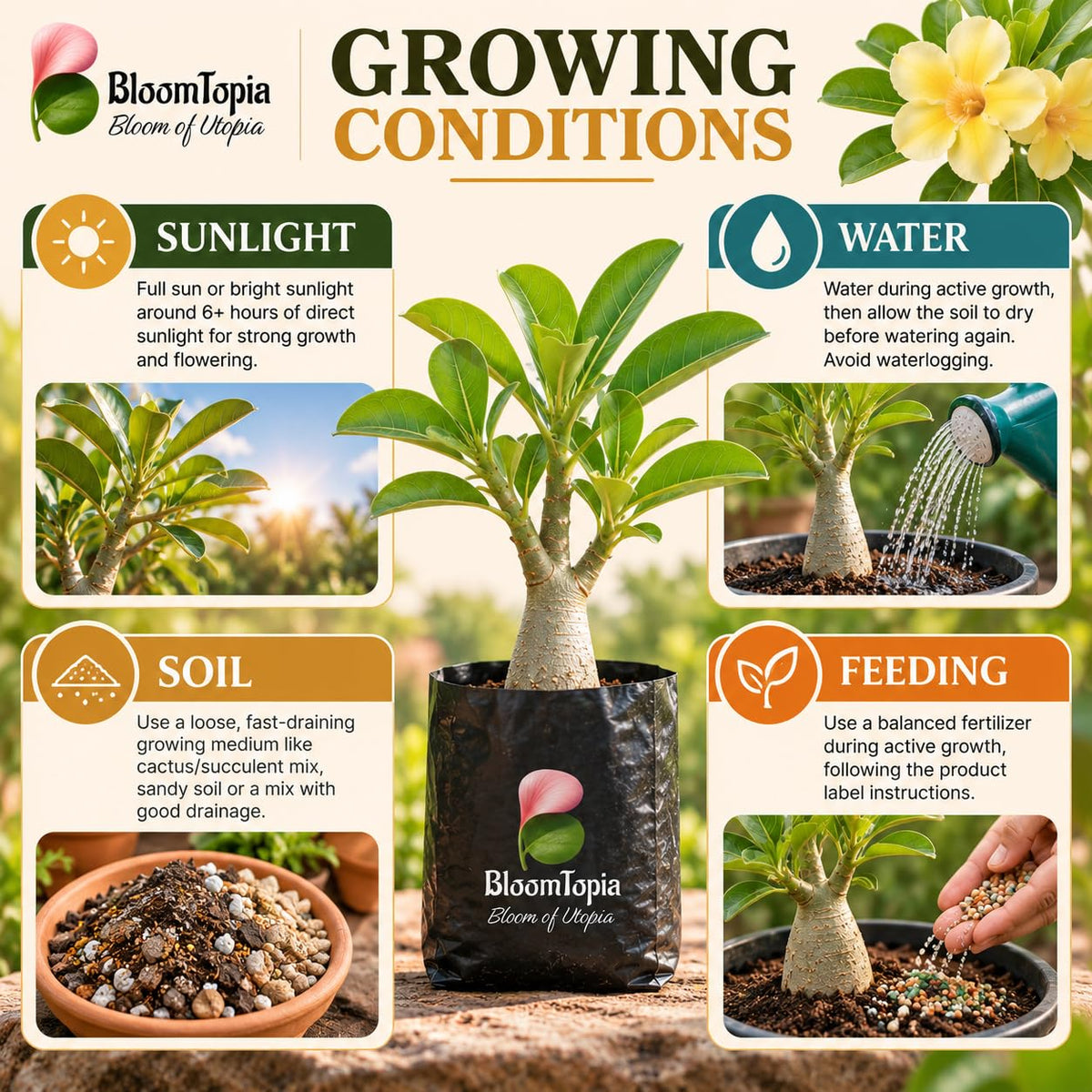 Sunlight, water, soil and feeding guide for Yellow Adenium Desert Rose Bonsai.