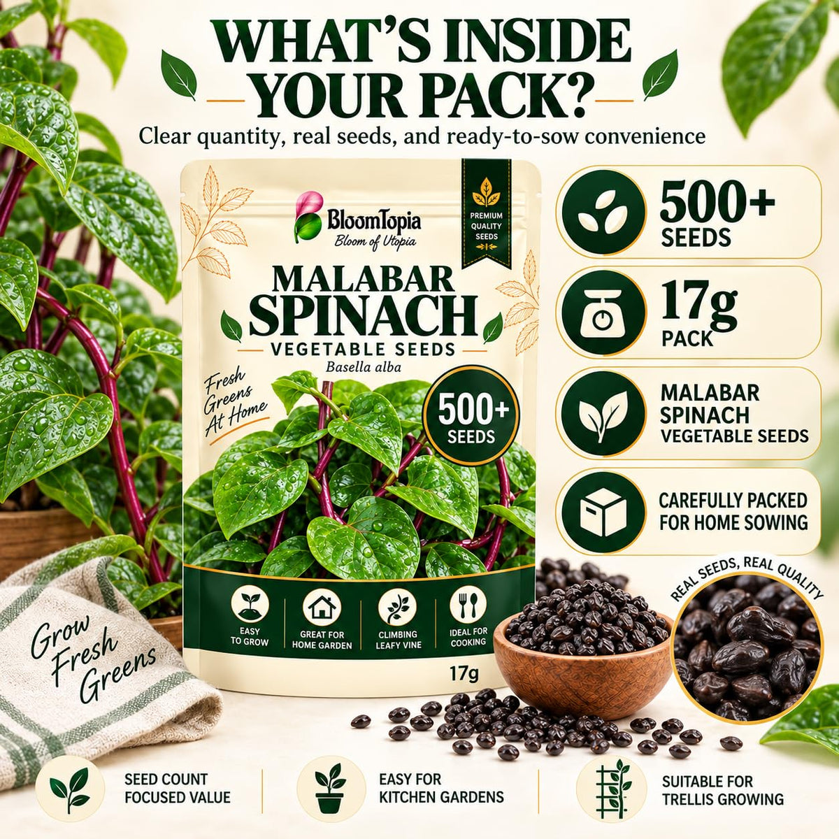 Malabar spinach pack with seed count, net weight and seed close-up.
