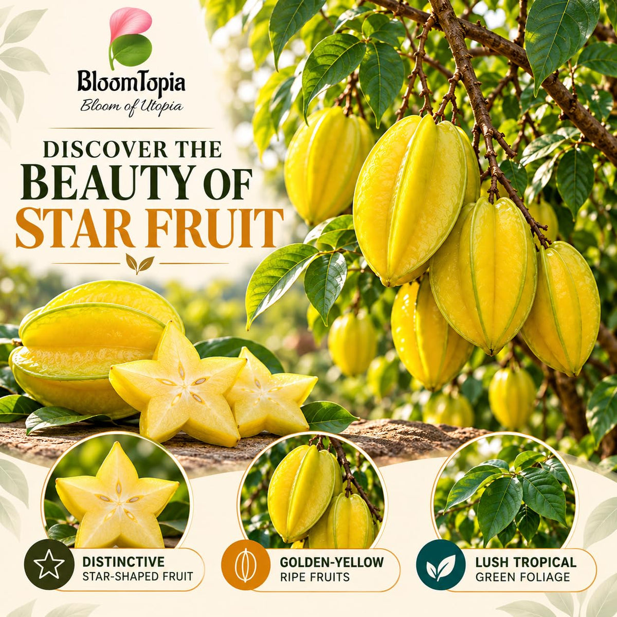 Illustration of mature Star Fruit (Kamranga) features with variety callouts.