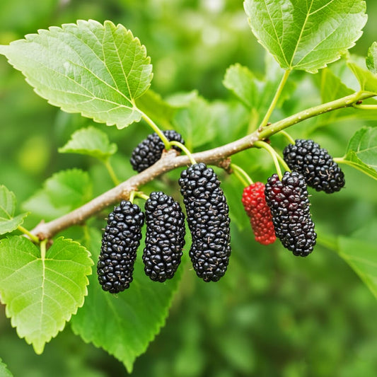 Dark mulberries on a leafy branch.