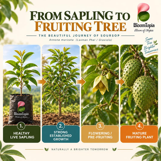 Illustrated growth stages for Soursop, from young plant to mature growth.