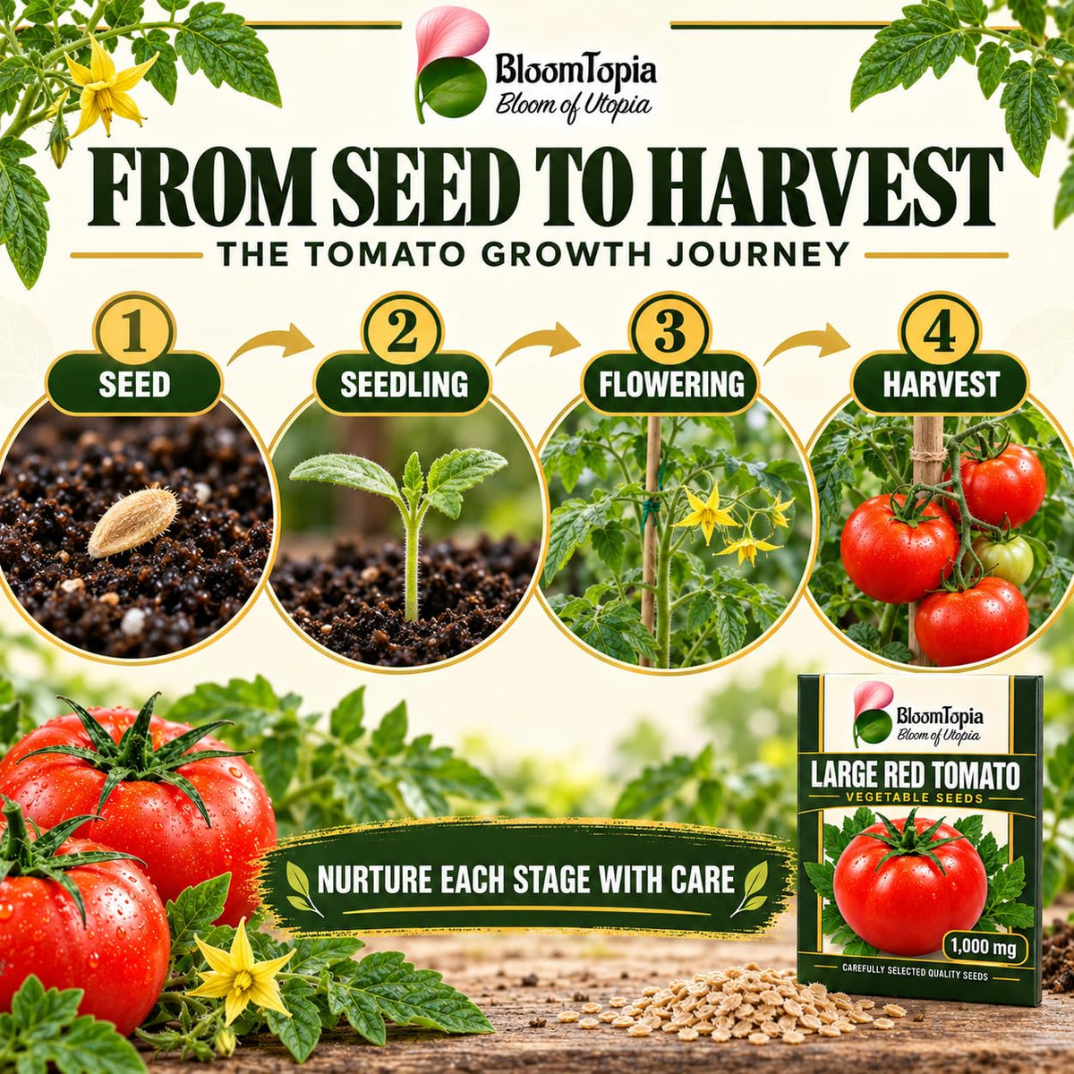 Tomato seed-to-harvest growth illustration.