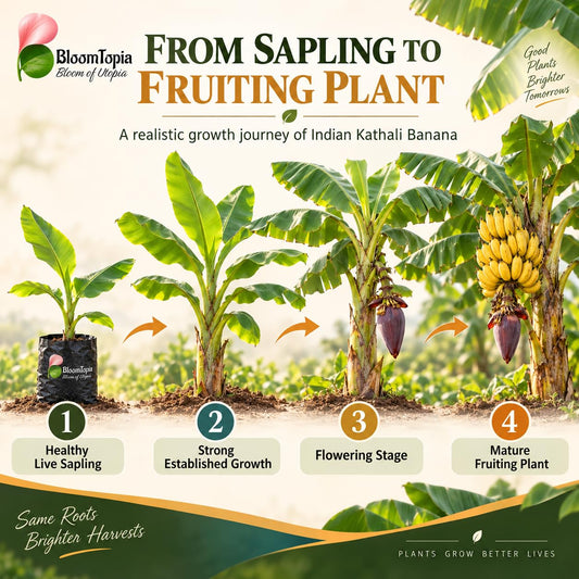Illustrated growth stages for Indian Kathali Banana, from young plant to mature growth.