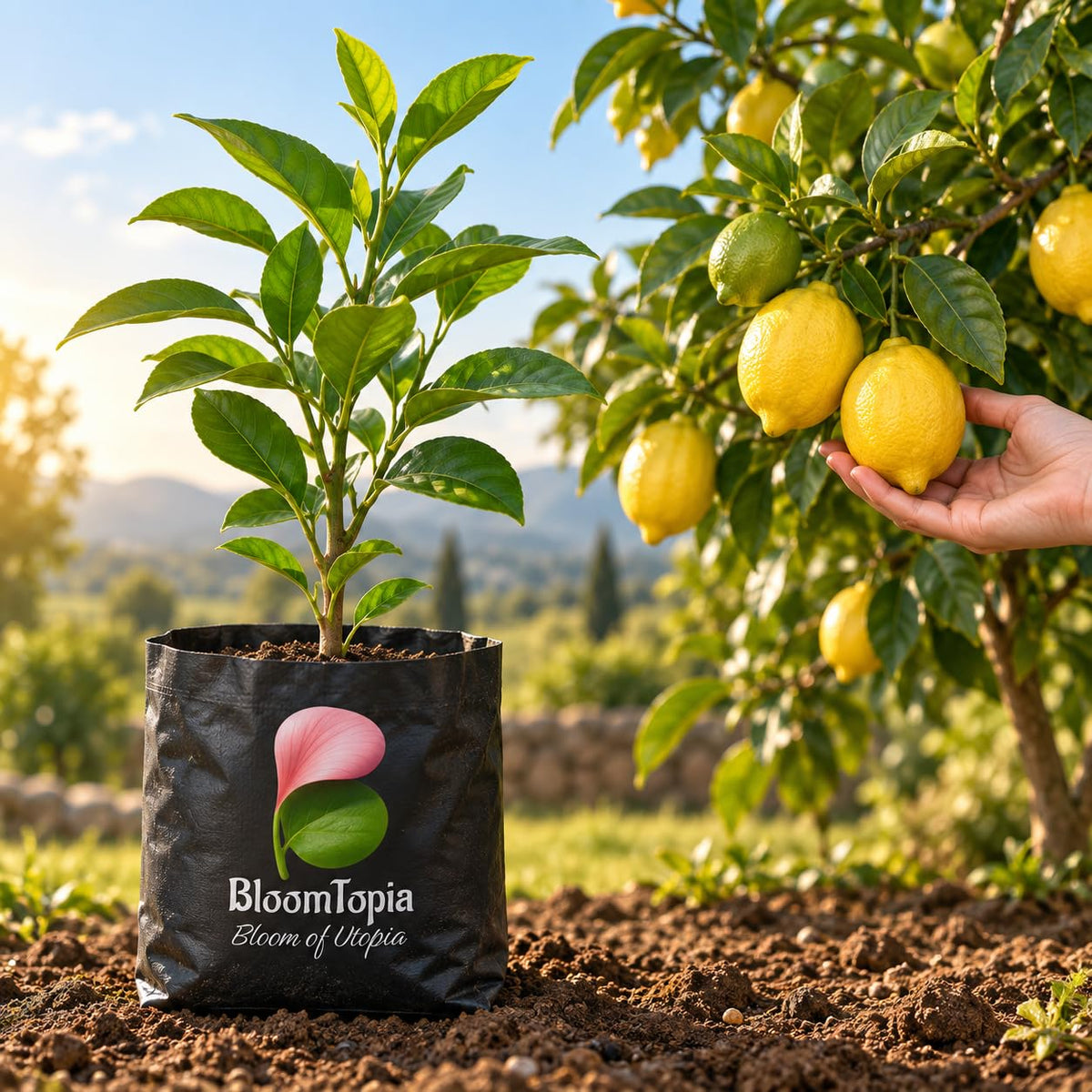 Illustration comparing young Hybrid All-Season Lemon nursery growth with a mature plant.