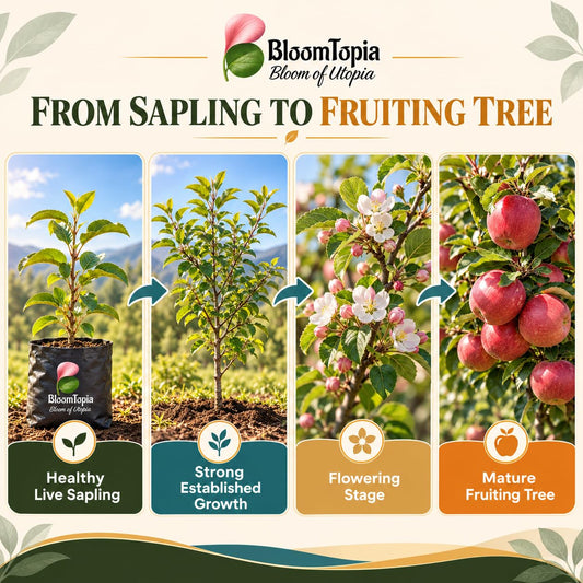 Illustrated growth stages for HRMN-99 Hariman Apple, from young plant to mature growth.