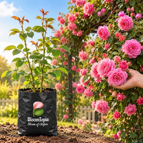 Illustration comparing young Pure Pink Climbing Rose nursery growth with a mature plant.