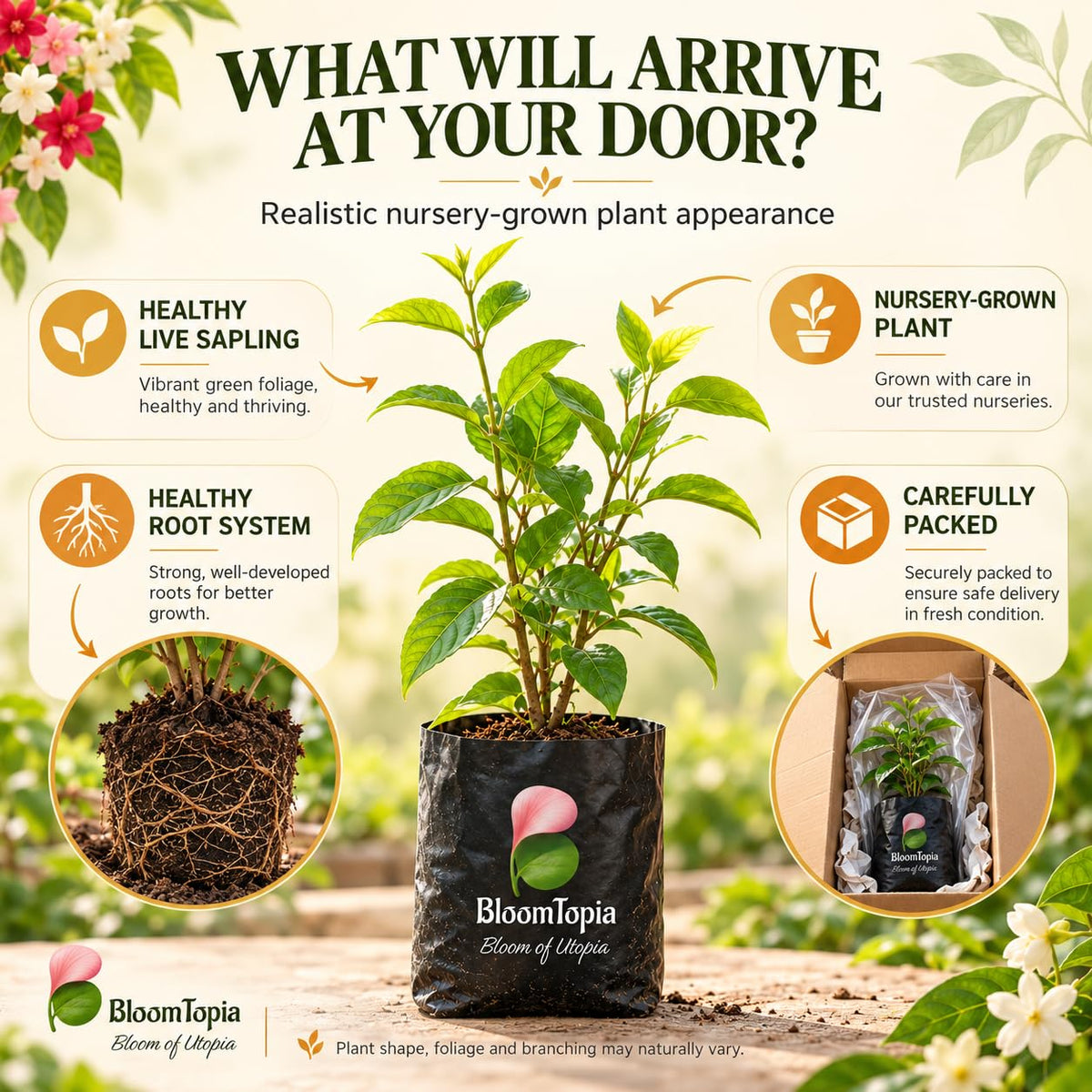 Illustrated plant, root close-ups and pack-presentation panel for Double Petal Madhumalti Rangoon Creeper.