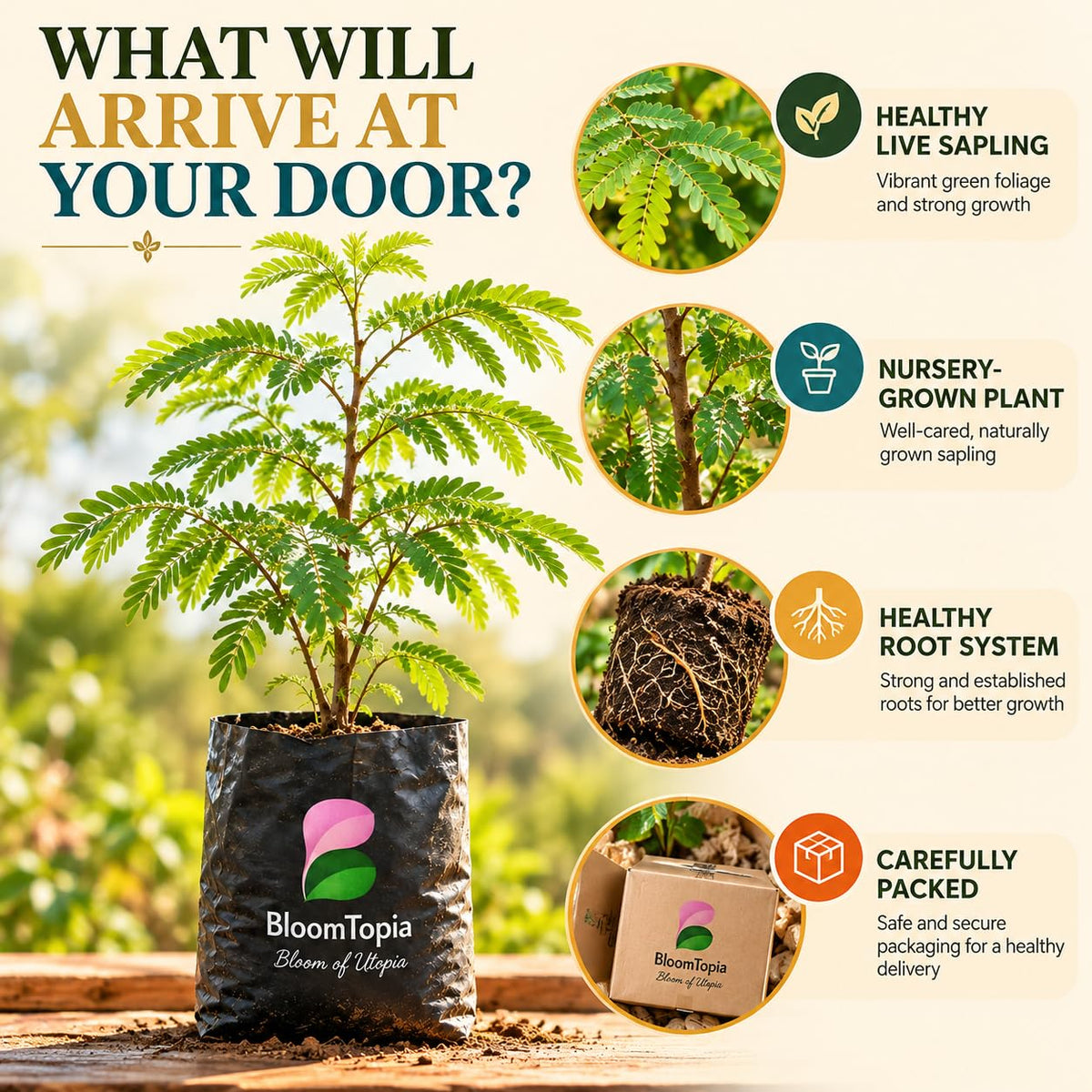 Illustrated plant, root close-ups and pack-presentation panel for Red Sweet Tamarind.
