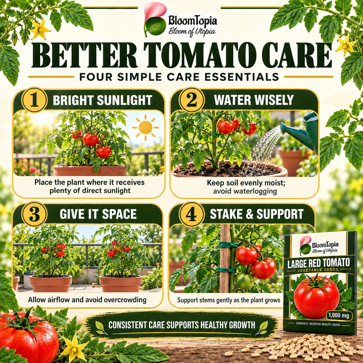Tomato sunlight, watering and support care guide.