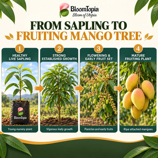 Illustrated growth stages for Thai Katimon Mango, from young plant to mature growth.