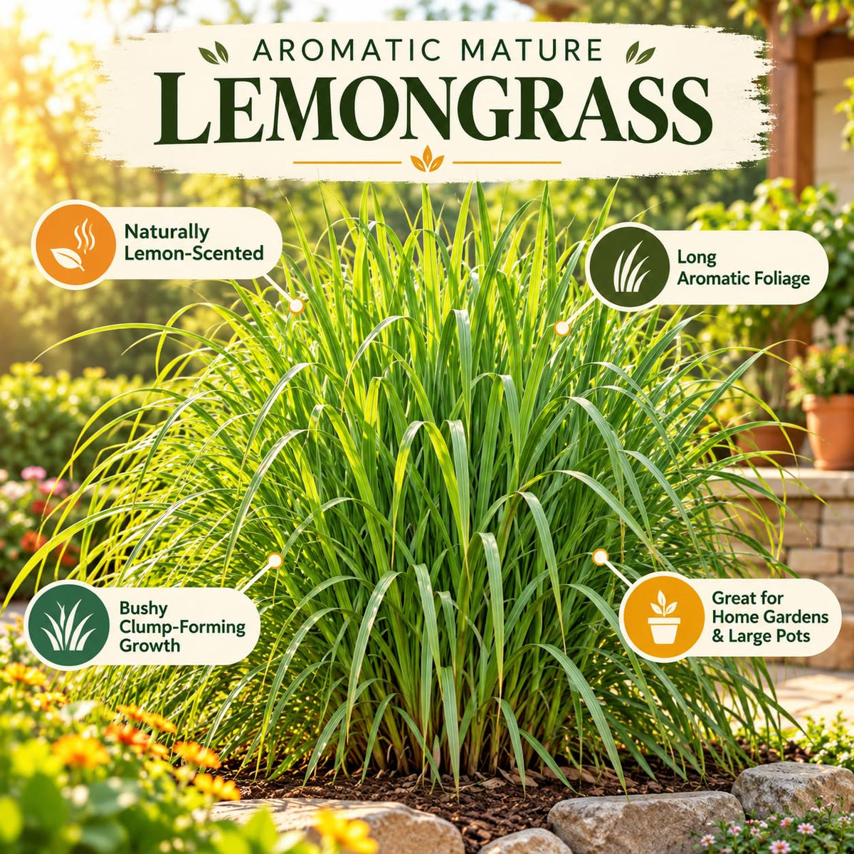 Illustration of mature Lemongrass features with variety callouts.