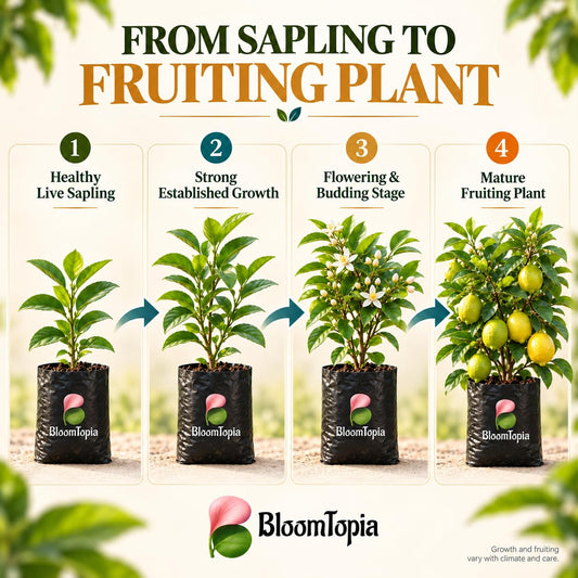 Illustrated growth stages for Kolkata Pati Lebu Lemon, from young plant to mature growth.