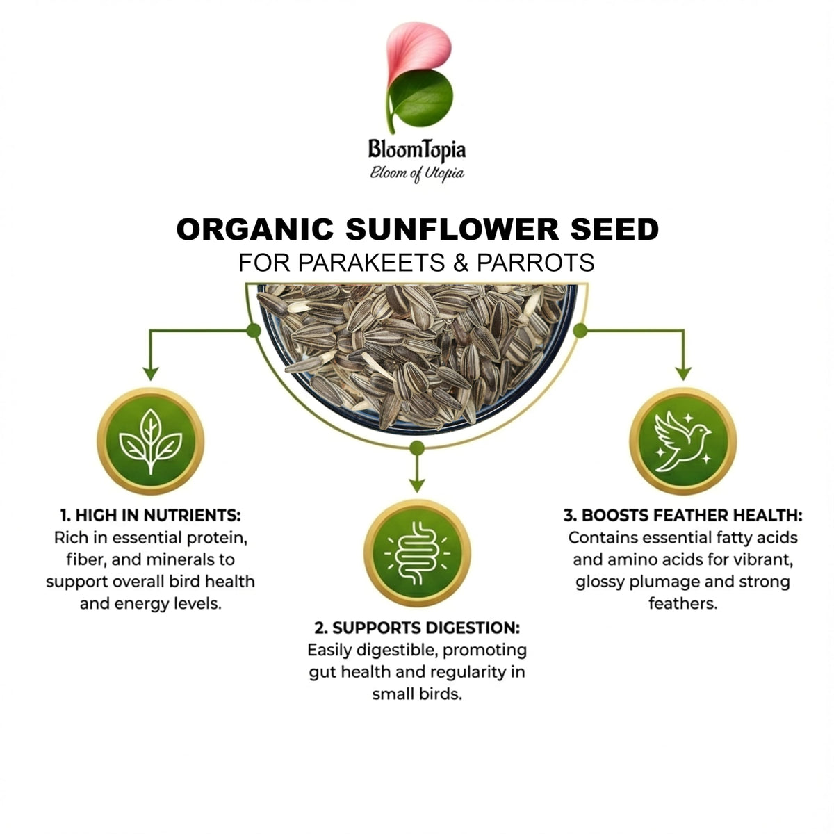 striped sunflower seed grains with bird feeding information.