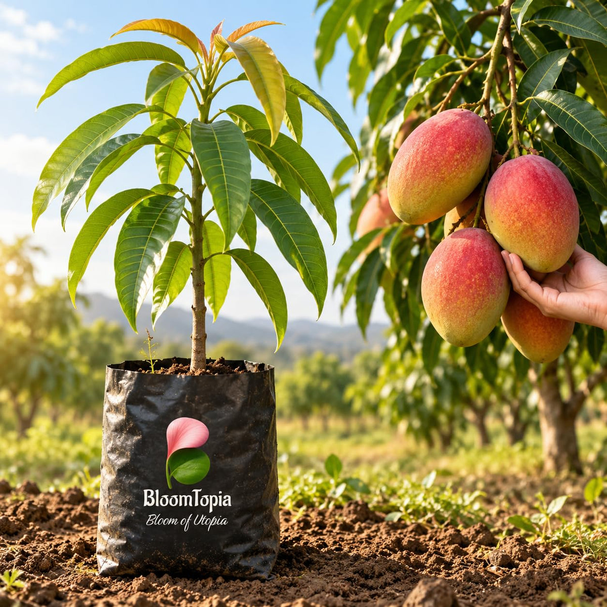 Illustration comparing young Miyazaki Mango nursery growth with a mature plant.