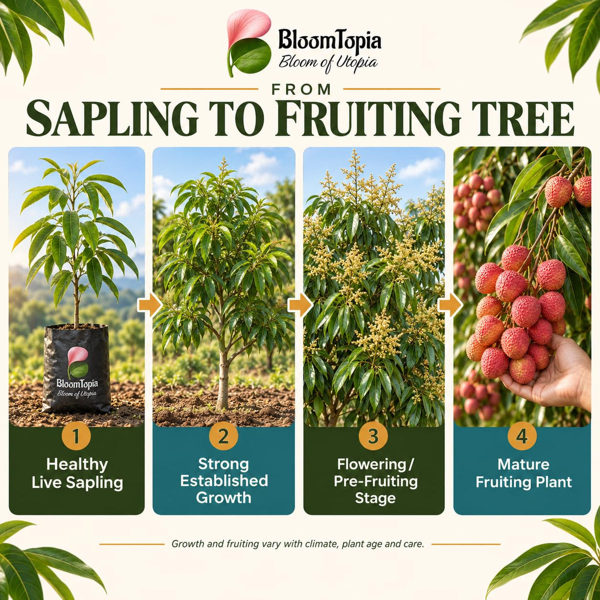 Illustrated growth stages for Muzaffarpur Shahi Litchi, from young plant to mature growth.