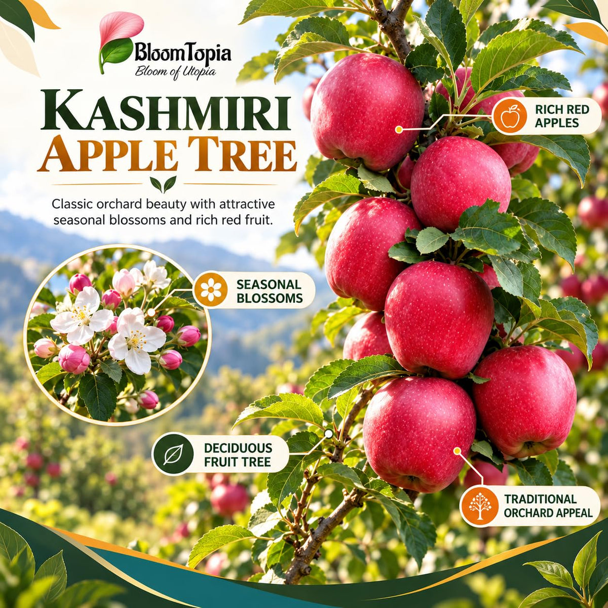 Illustration of mature Kashmiri Apple features with variety callouts.