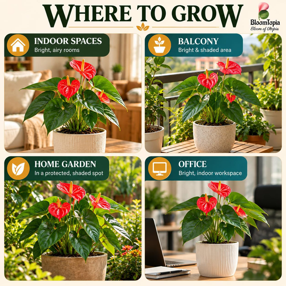 Illustrated growing locations for Anthurium Red.