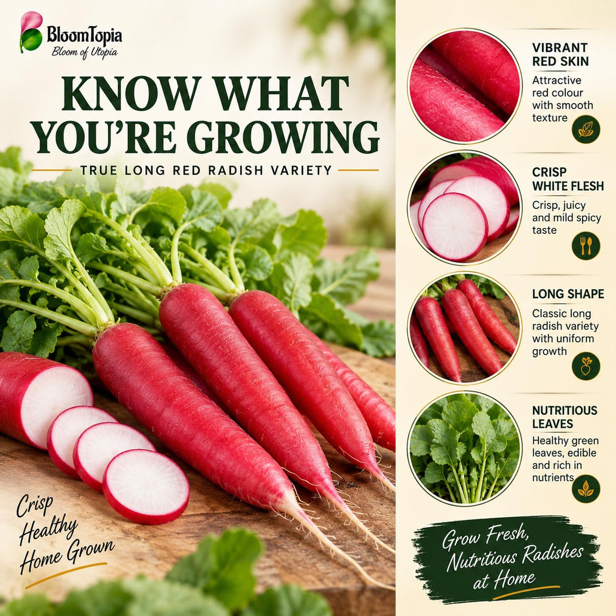 Red radish close-ups with root and leaf callouts.