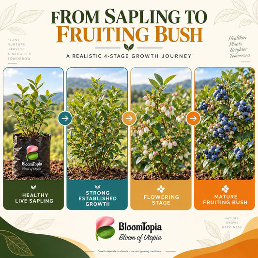 Illustrated growth stages for Blueberry Bush, from young plant to mature growth.