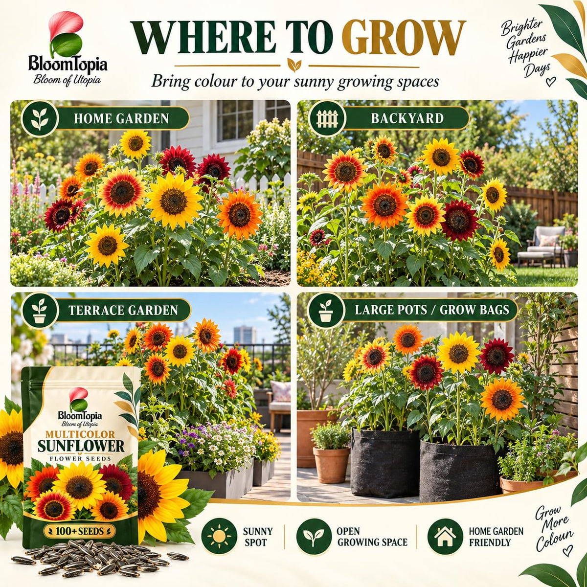 Pots, beds and terrace locations for sunflowers.