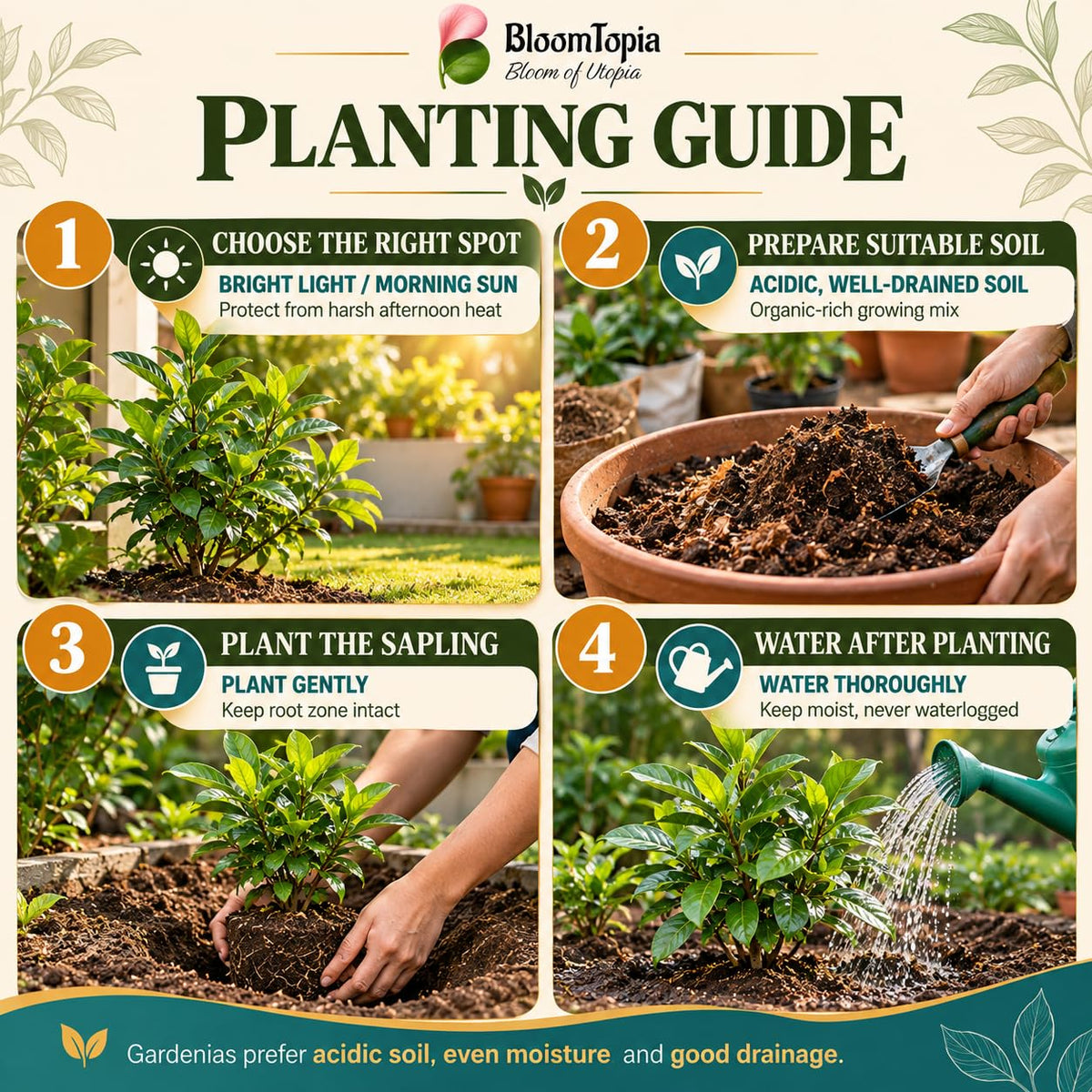 Step-by-step planting illustration for Gandharaj Gardenia.