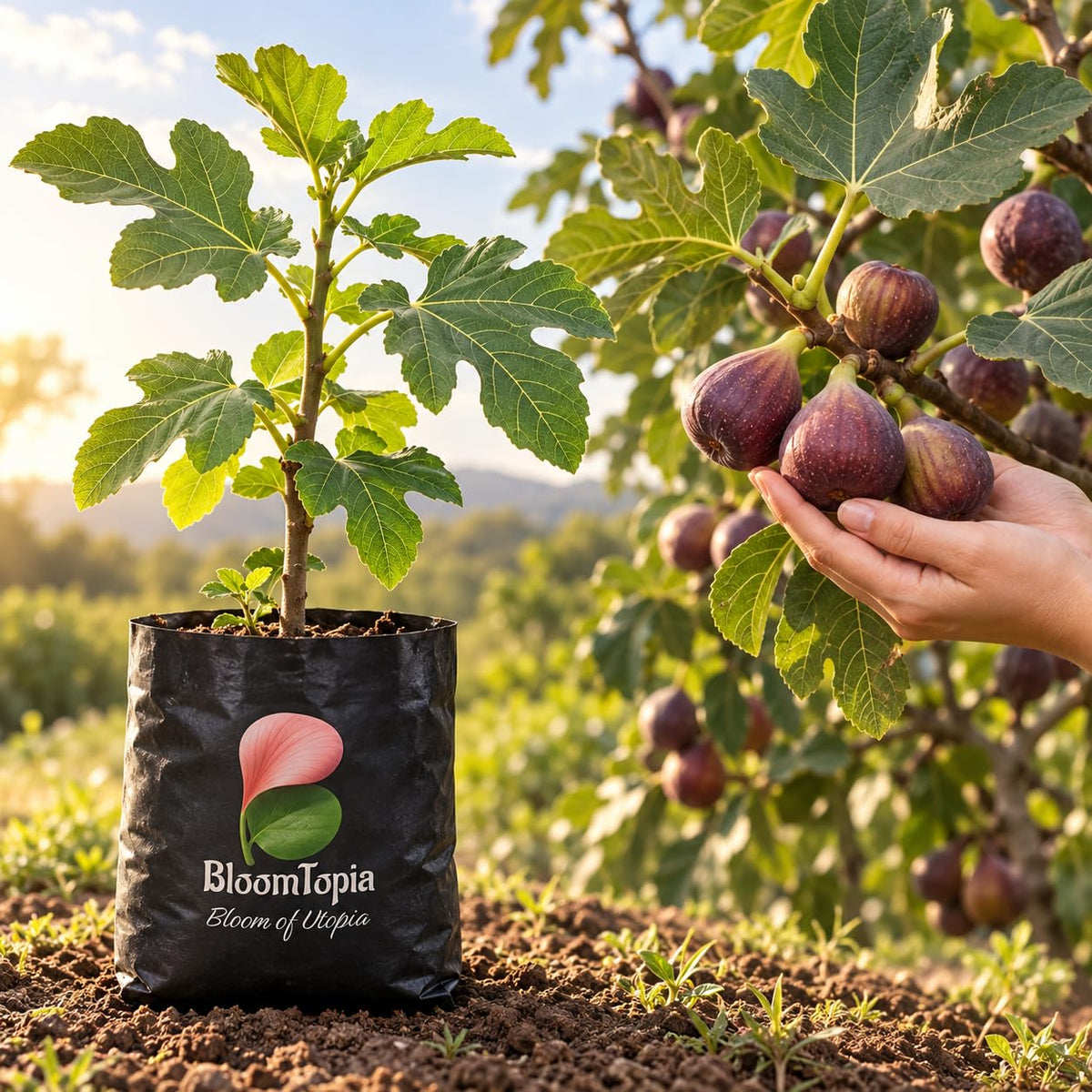 Illustration comparing young Poona Anjeer Fig nursery growth with a mature plant.